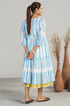 Yellow and Blue Soft Cotton Geometric Print Bohemian-Style Fusion Dress