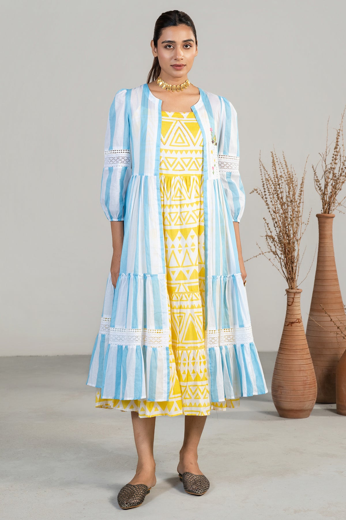 Yellow and Blue Soft Cotton Geometric Print Bohemian-Style Fusion Dress