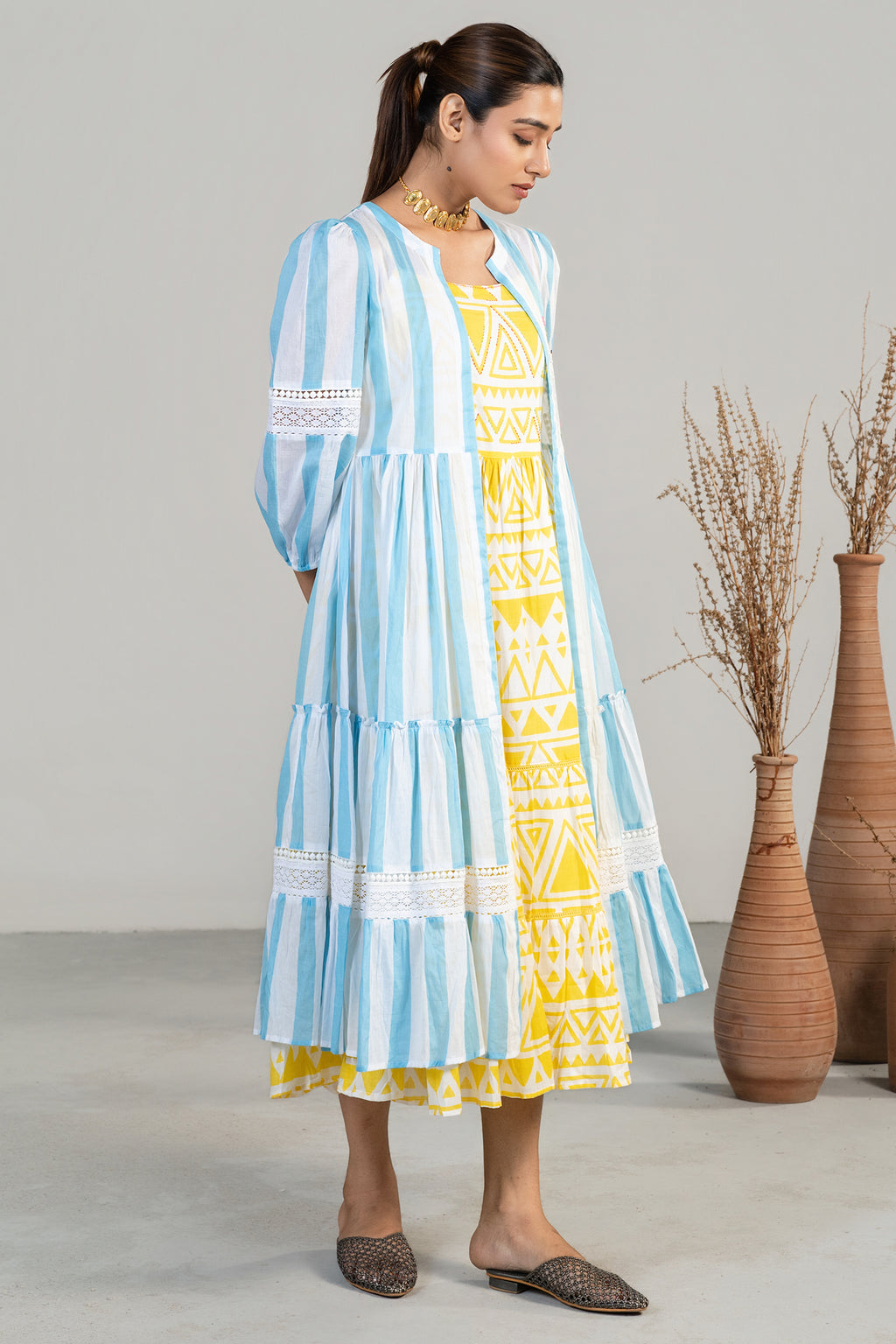 Yellow and Blue Soft Cotton Geometric Print Bohemian-Style Fusion Dress