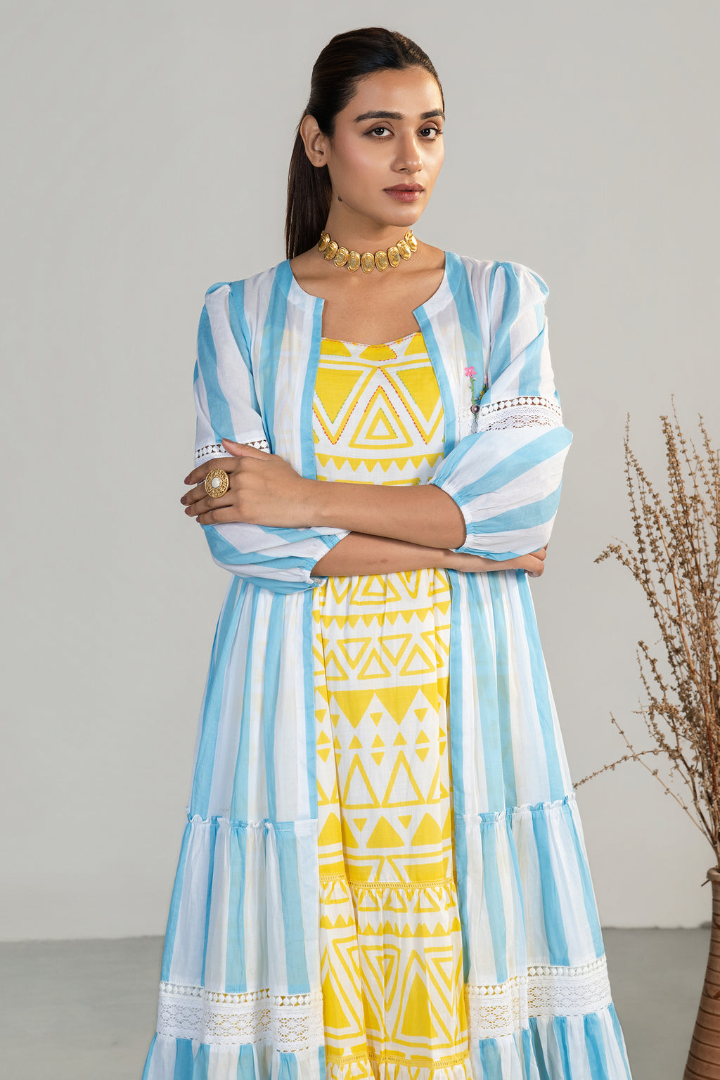 Yellow and Blue Soft Cotton Geometric Print Bohemian-Style Fusion Dress