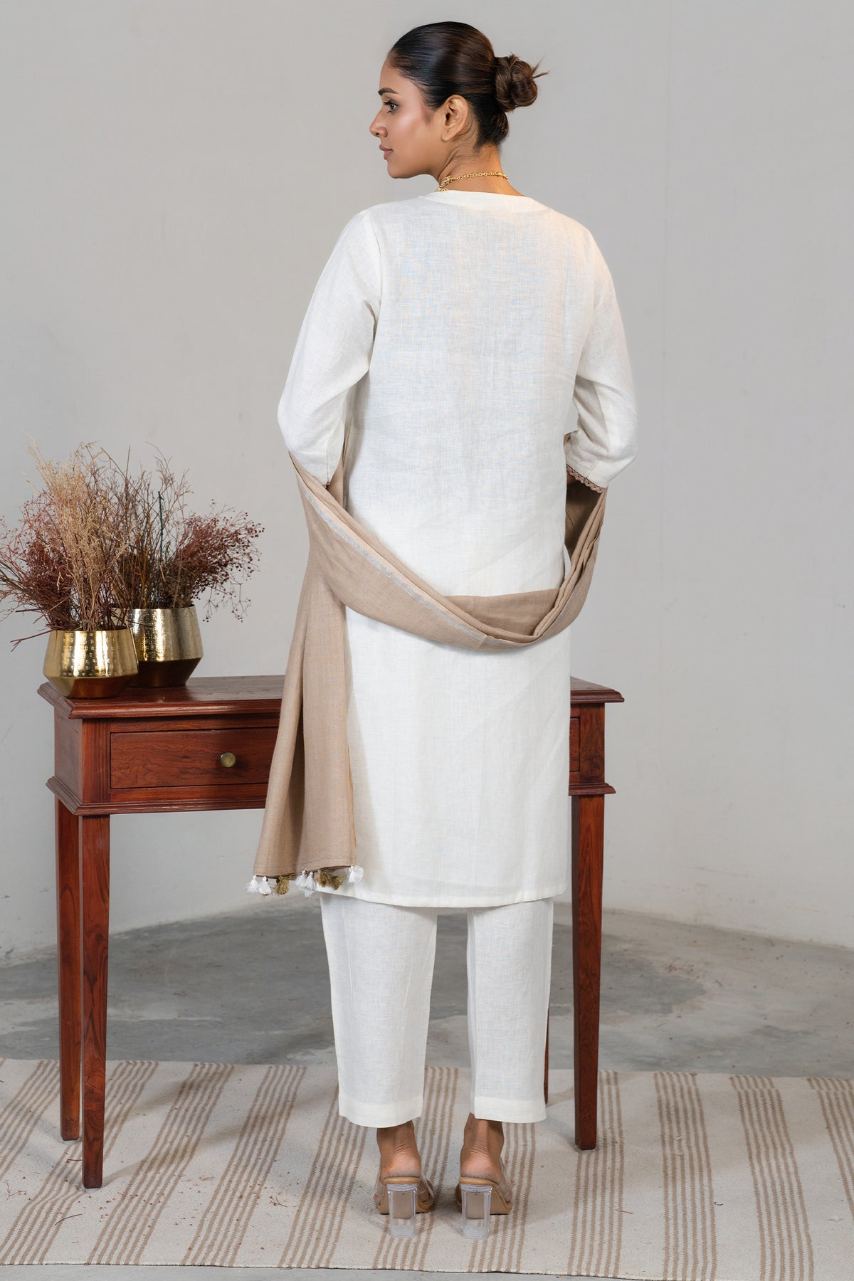 Off White Linen Embroidery and Beaded Straight Cut Kurti Set