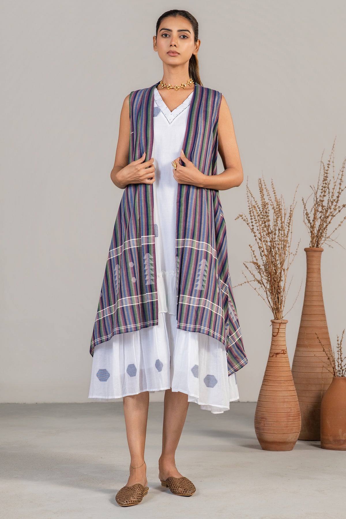 Ivory White Mul Cotton Midi Layered Dress with Striped Overlay Jacket