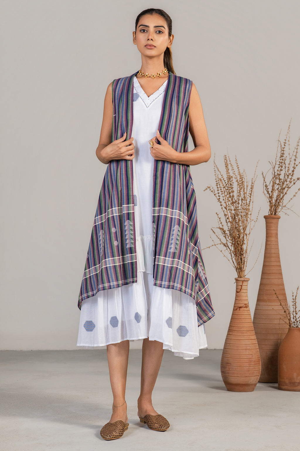 Ivory White Mul Cotton Midi Layered Dress with Striped Overlay Jacket
