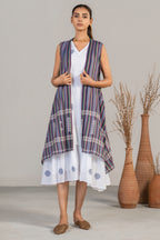 Ivory White Mul Cotton Midi Layered Dress with Striped Overlay Jacket