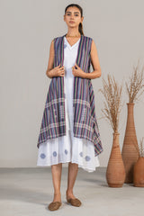 Ivory White Mul Cotton Midi Layered Dress with Striped Overlay Jacket