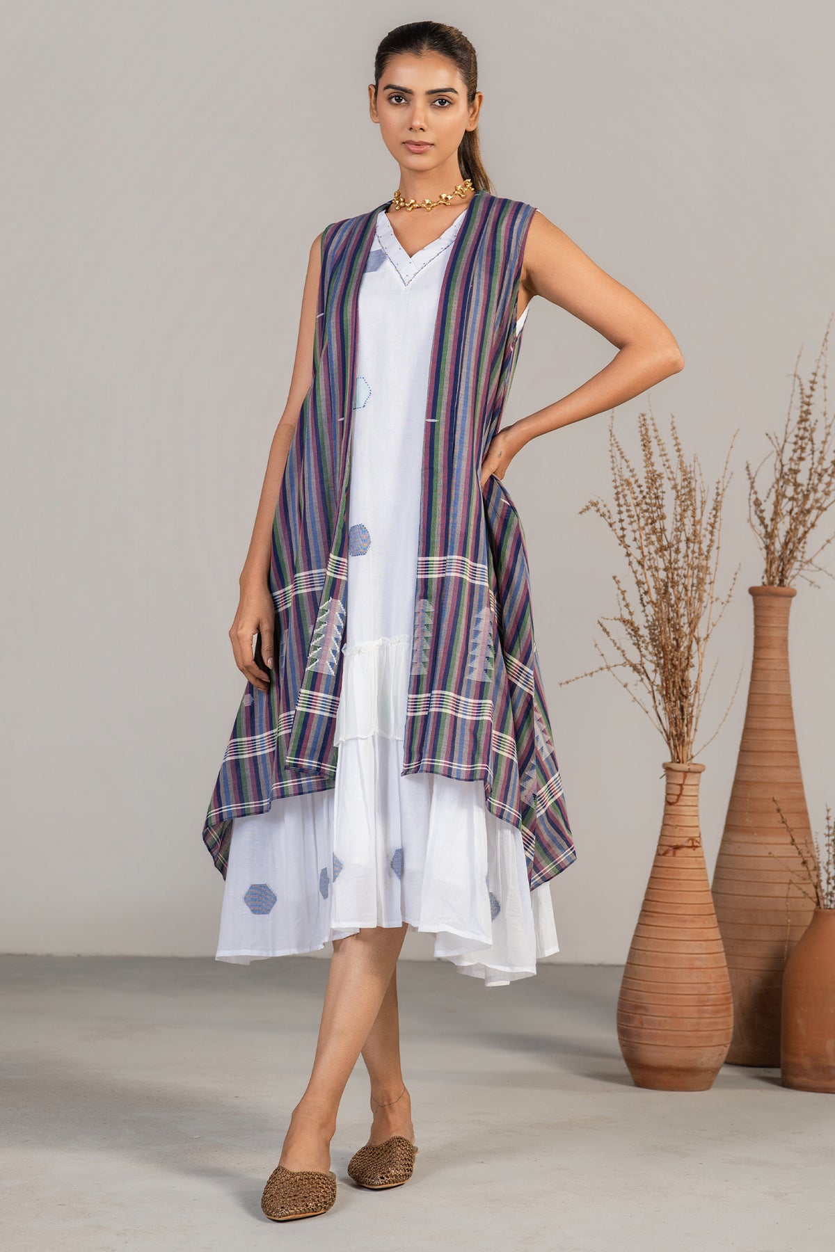 Ivory White Mul Cotton Midi Layered Dress with Striped Overlay Jacket