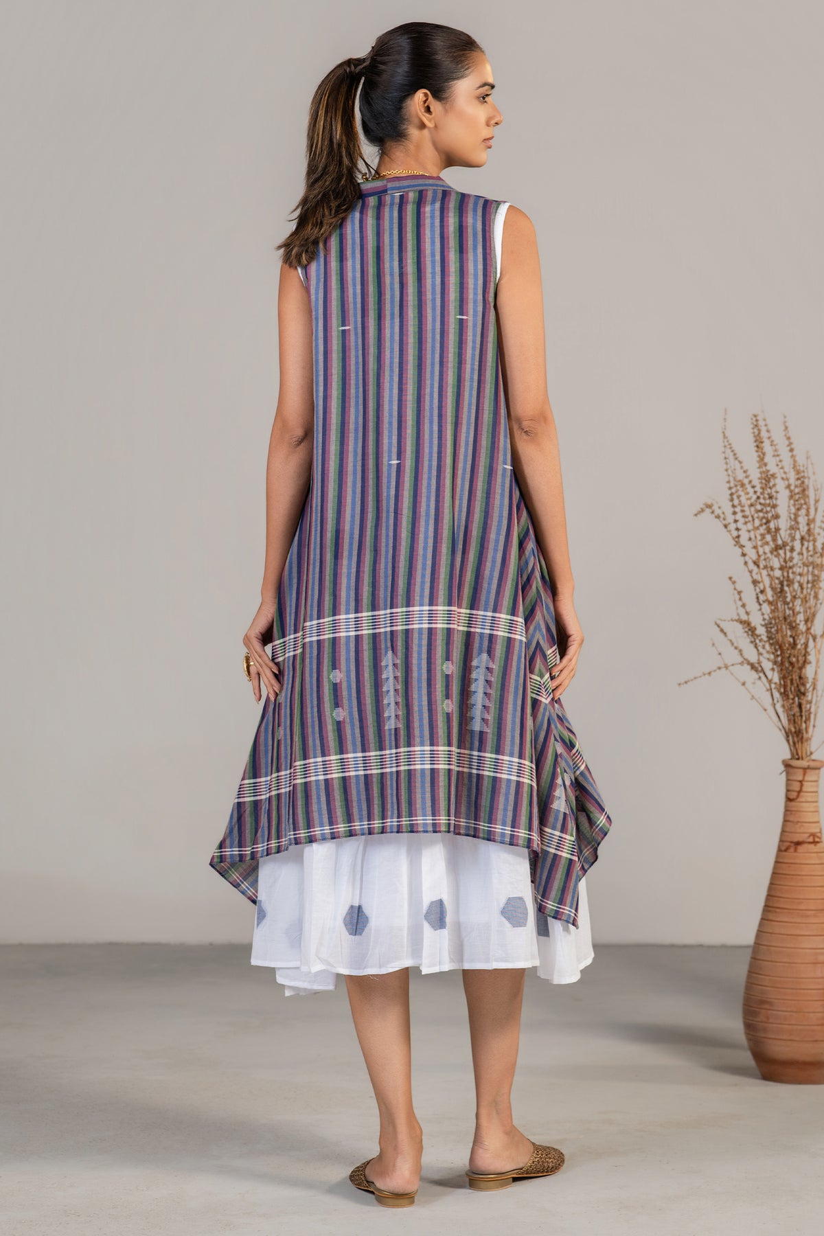 Ivory White Mul Cotton Midi Layered Dress with Striped Overlay Jacket