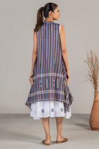 Ivory White Mul Cotton Midi Layered Dress with Striped Overlay Jacket