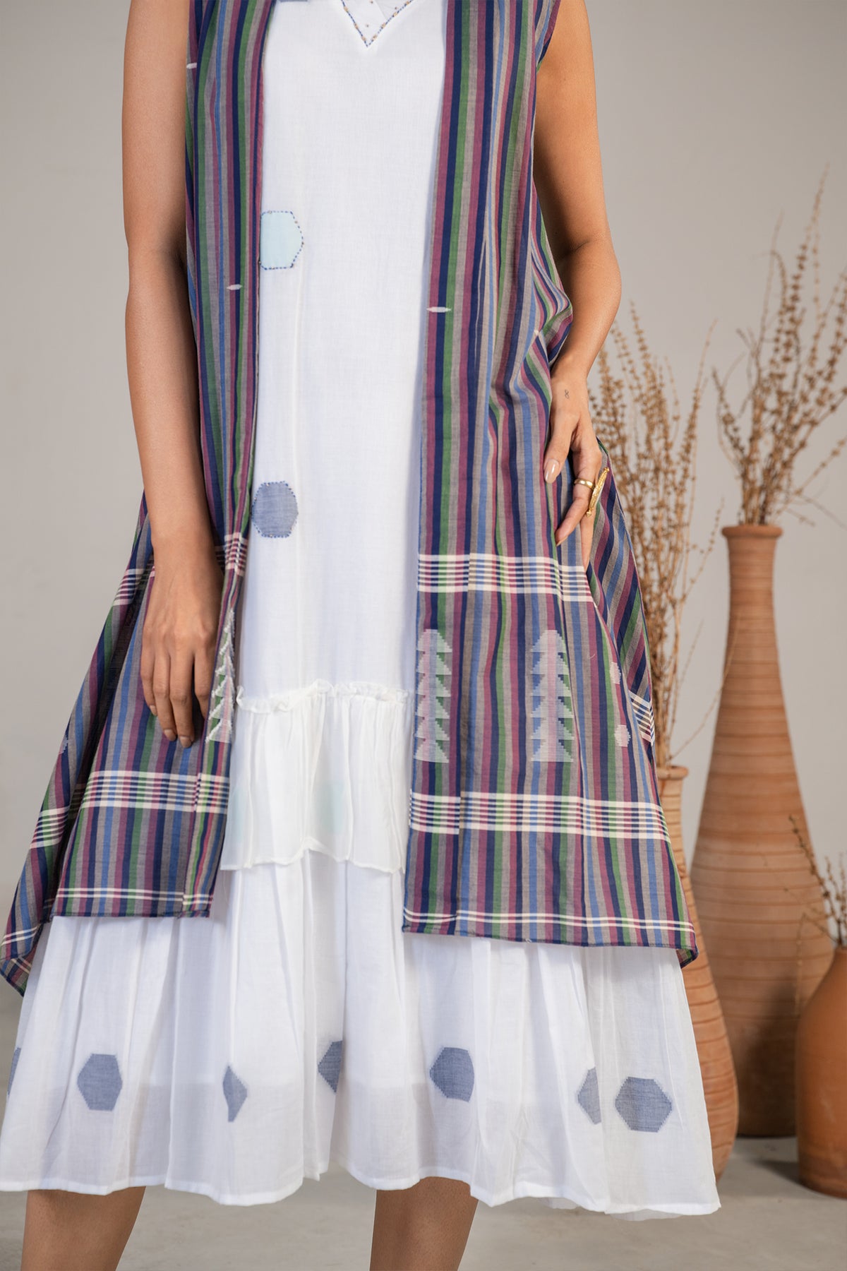 Ivory White Mul Cotton Midi Layered Dress with Striped Overlay Jacket