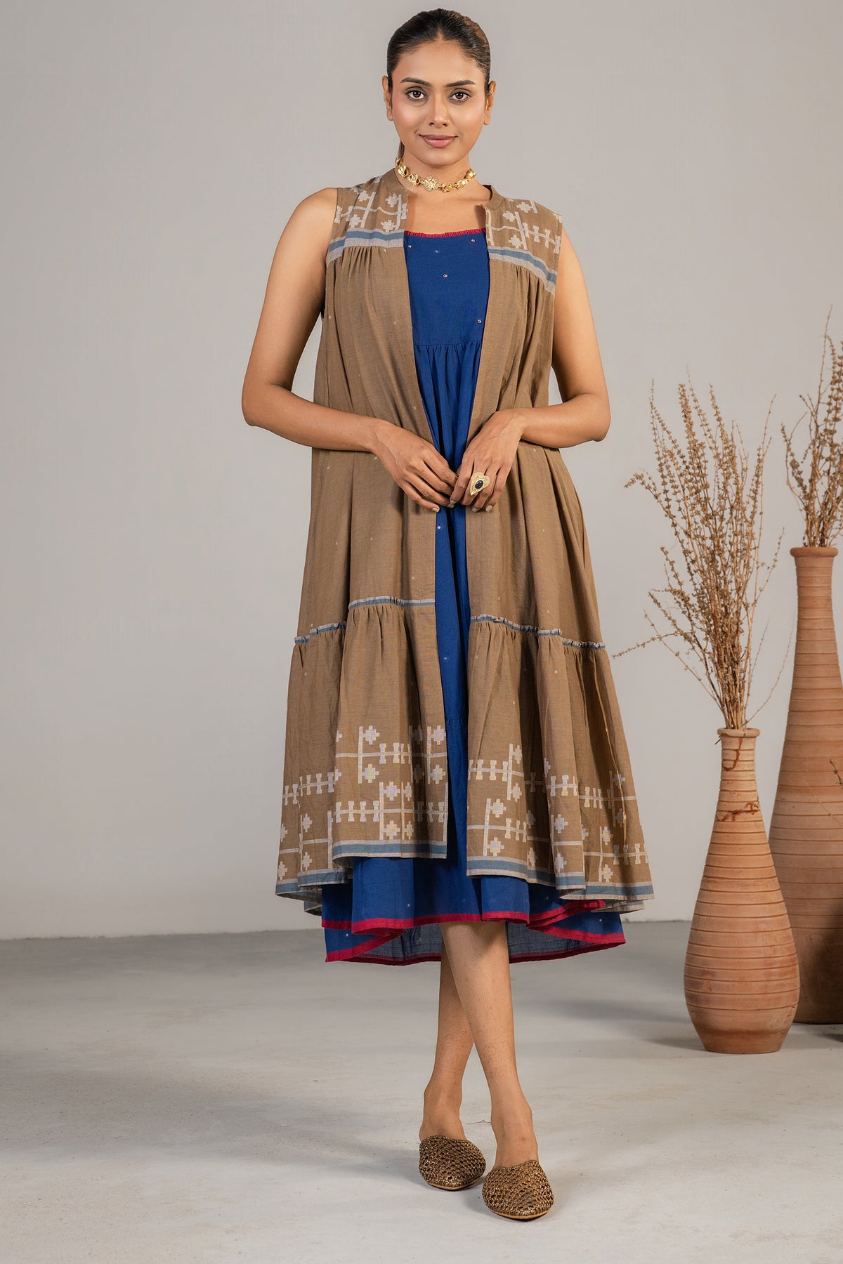 Indigo Blue Mul Cotton Midi Dress with Satetment Overlay Jacket