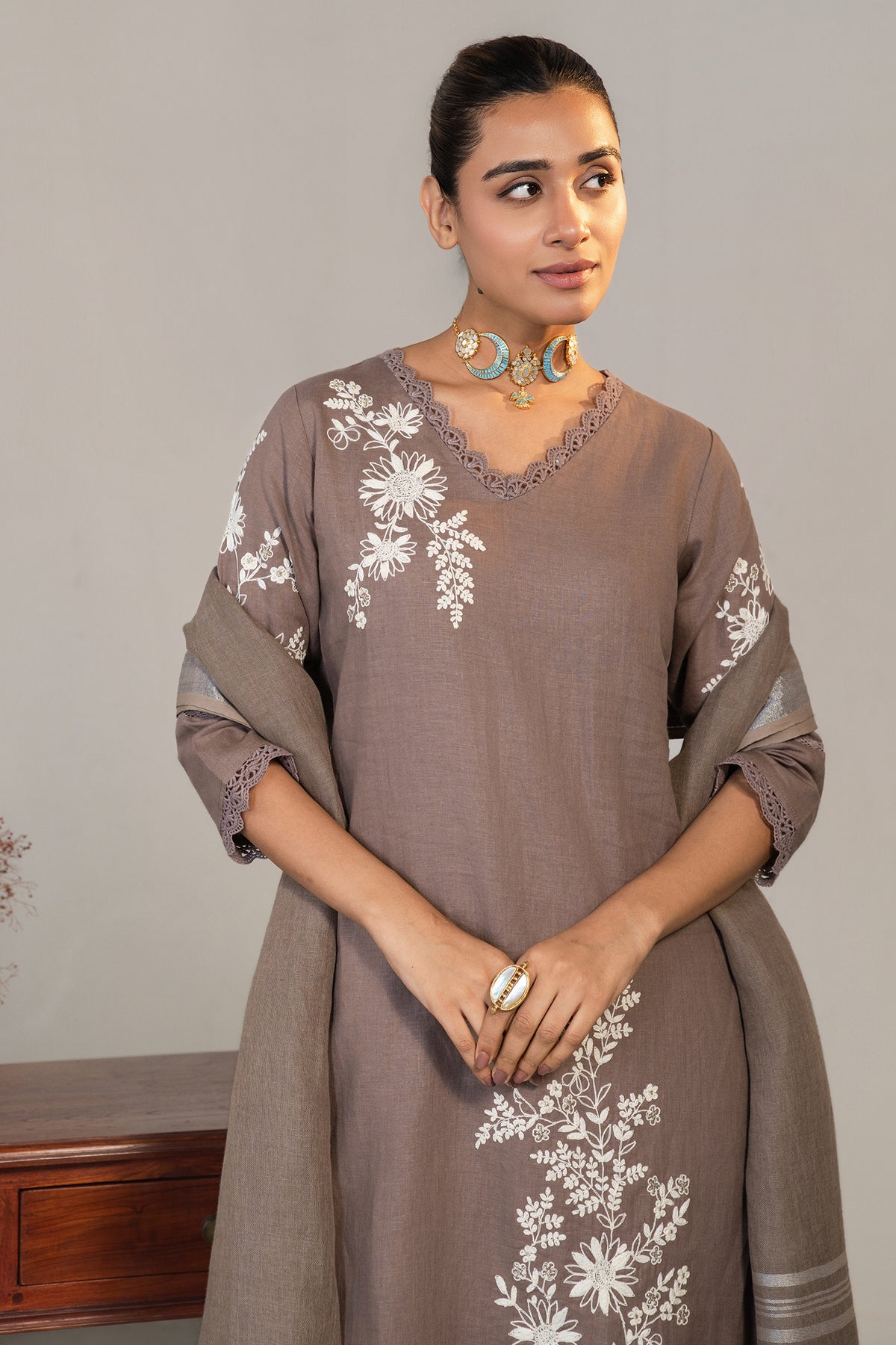Brown Linen Embroidered Straight Cut Kurti Set