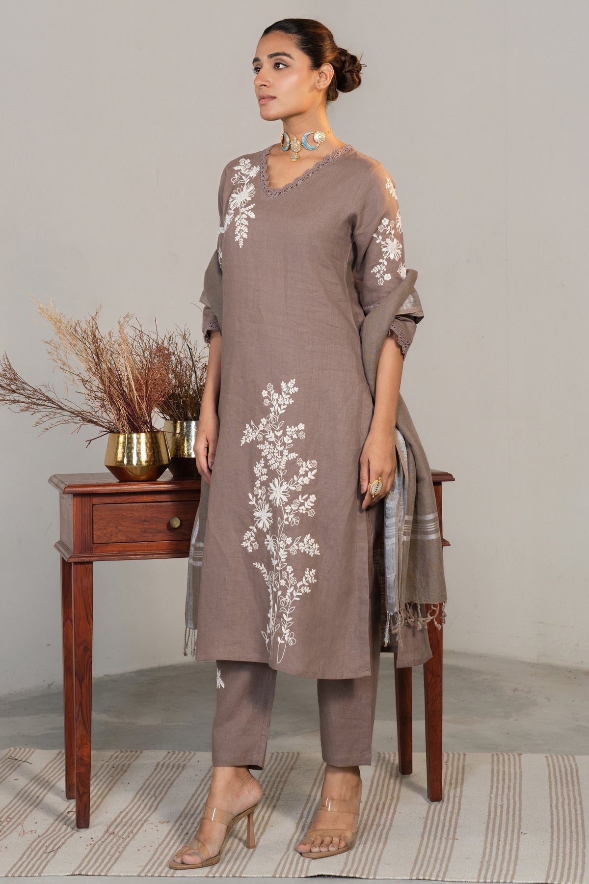 Brown Linen Embroidered Straight Cut Kurti Set