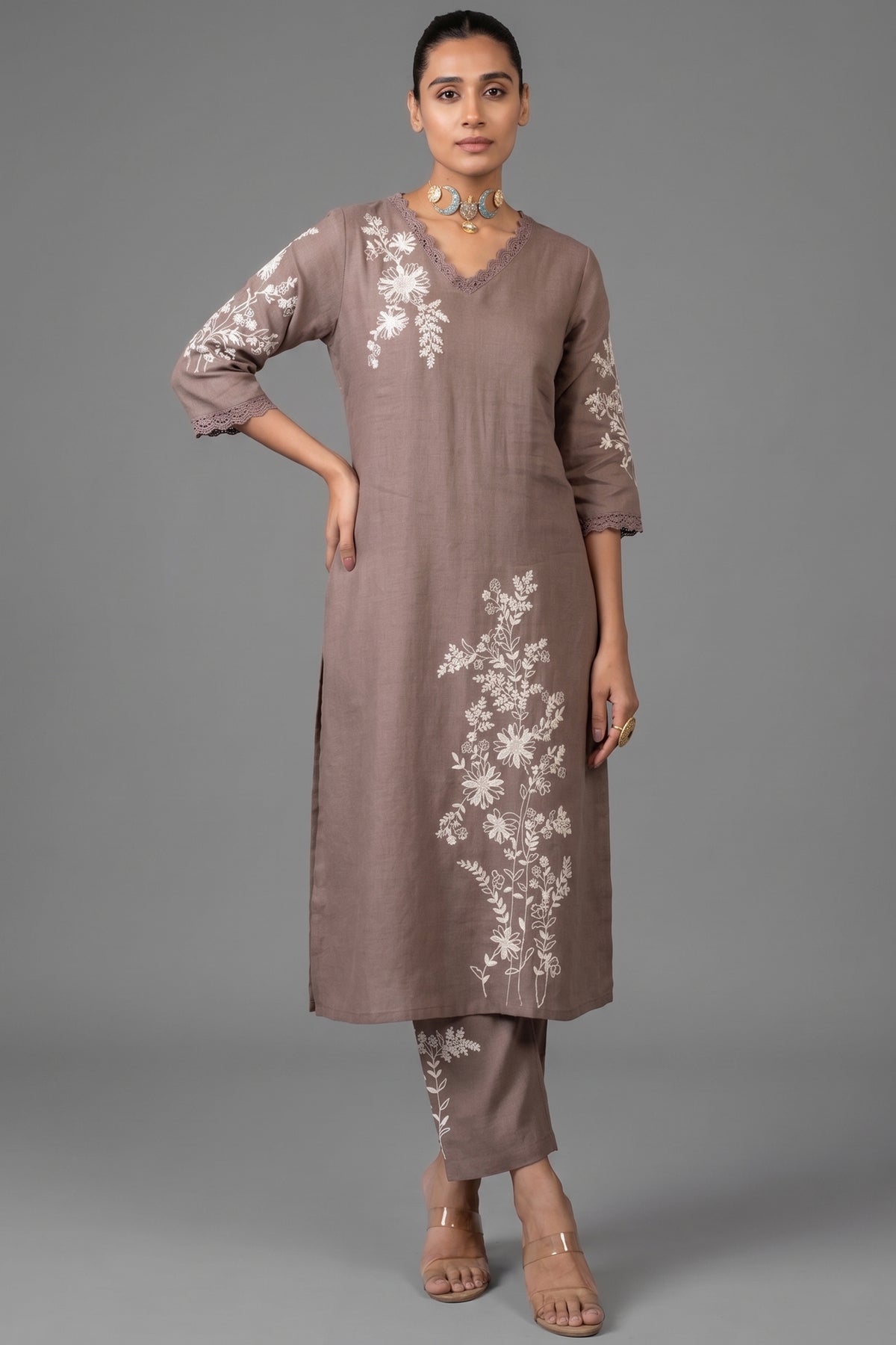 Brown Linen Embroidered Straight Cut Kurti Set