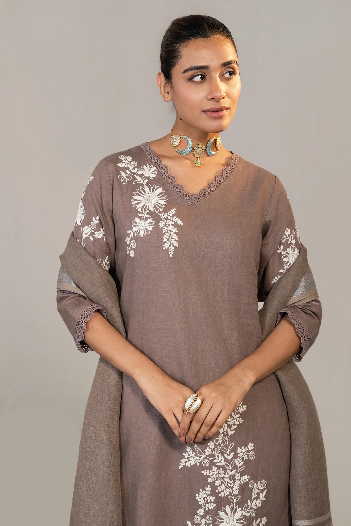 Brown Linen Embroidered Straight Cut Kurti Set