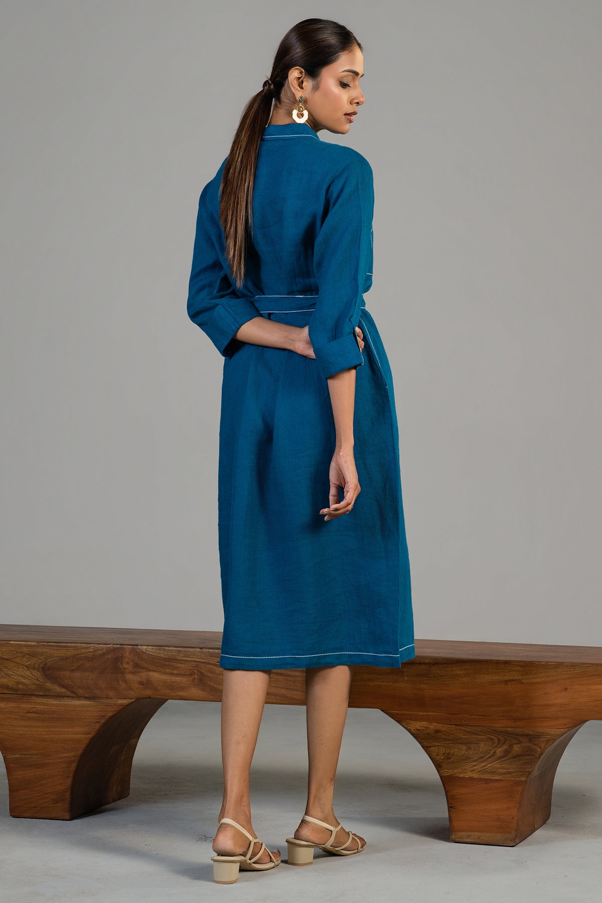 Deep Ocean Blue Linen Shirt Style Dress