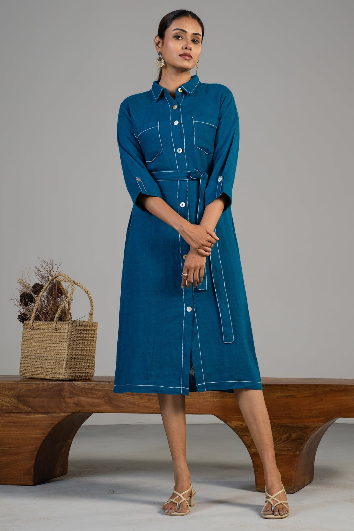 Deep Ocean Blue Linen Shirt Style Dress