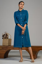 Deep Ocean Blue Linen Shirt Style Dress