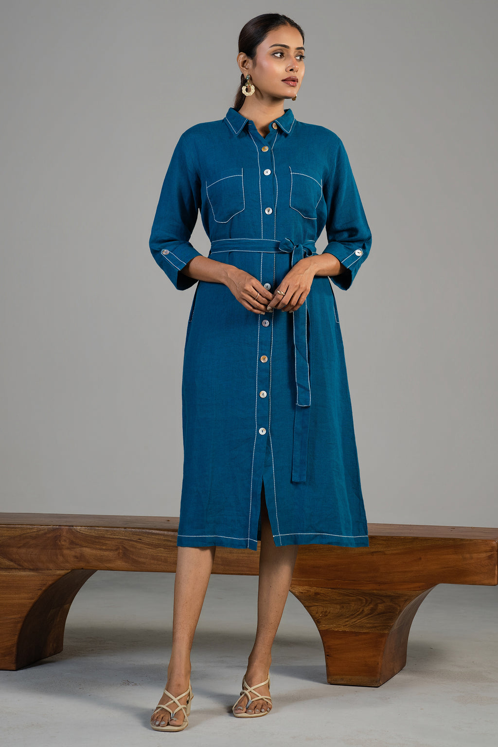 Deep Ocean Blue Linen Shirt Style Dress