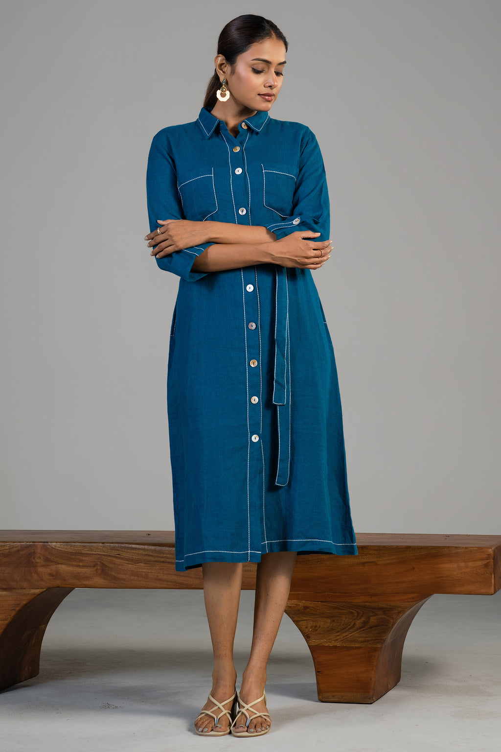 Deep Ocean Blue Linen Shirt Style Dress