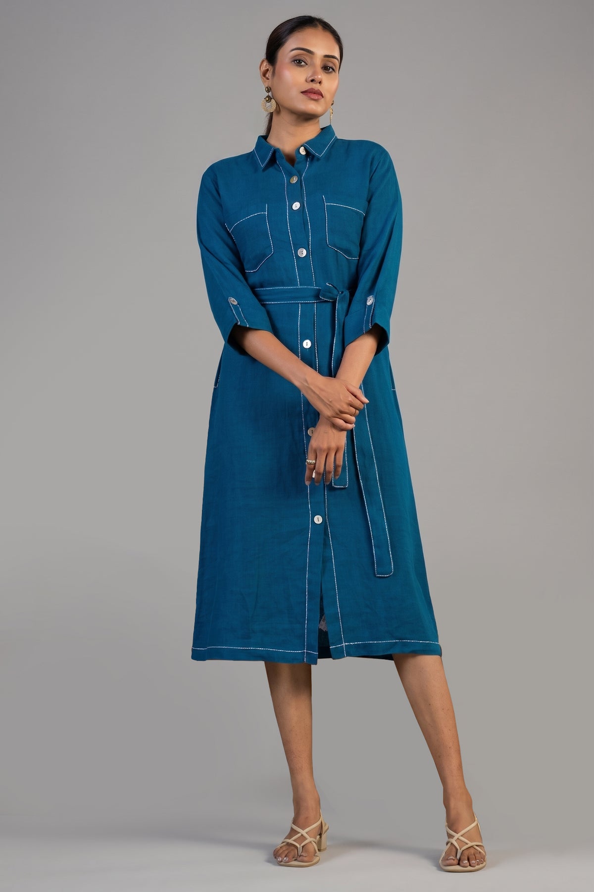 Deep Ocean Blue Linen Shirt Style Dress