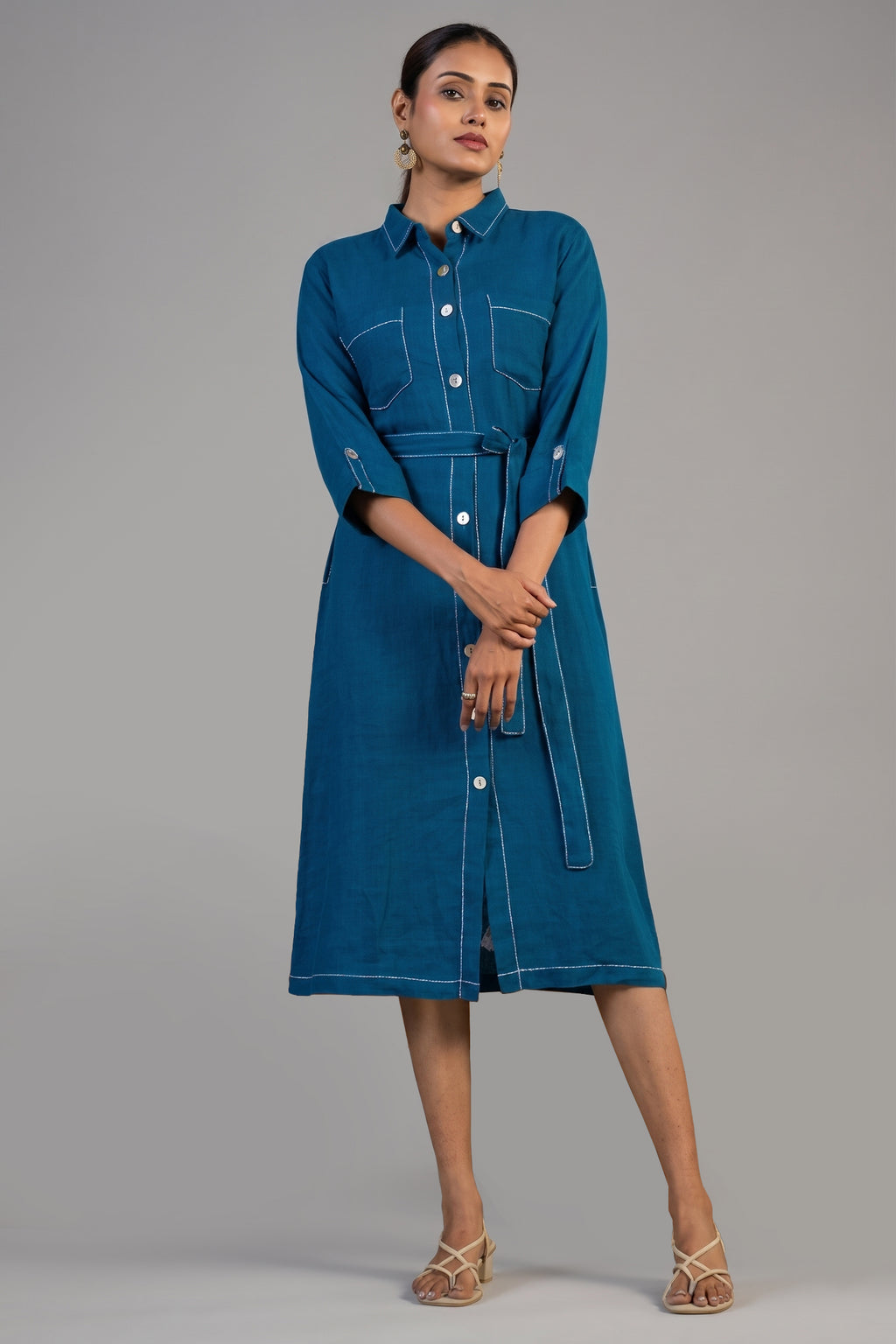 Deep Ocean Blue Linen Shirt Style Dress
