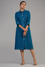 Deep Ocean Blue Linen Shirt Style Dress