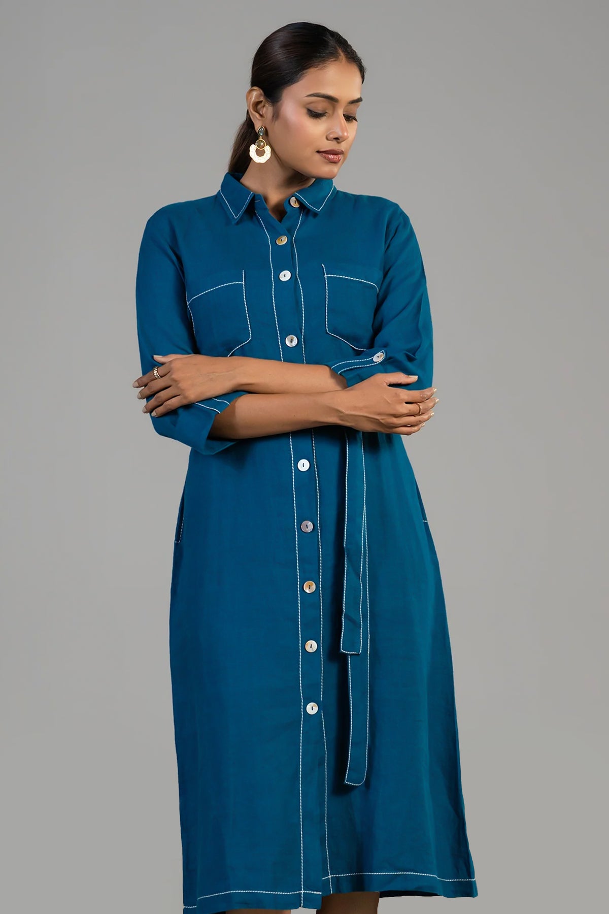 Deep Ocean Blue Linen Shirt Style Dress
