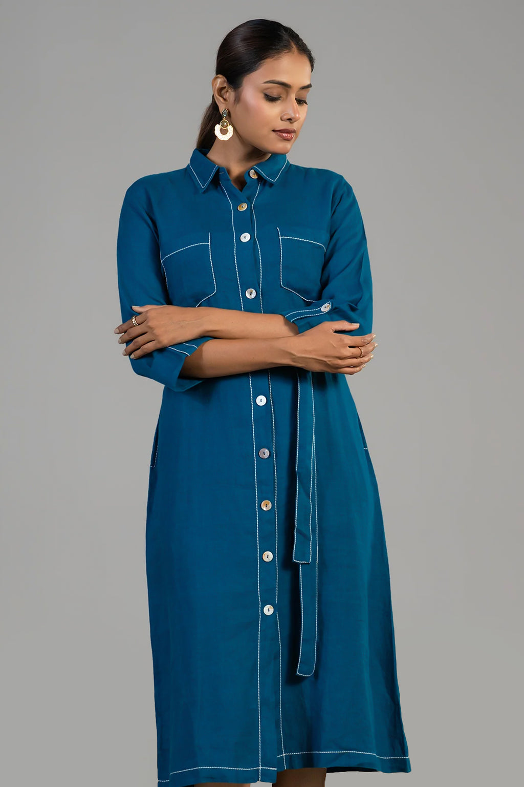 Deep Ocean Blue Linen Shirt Style Dress