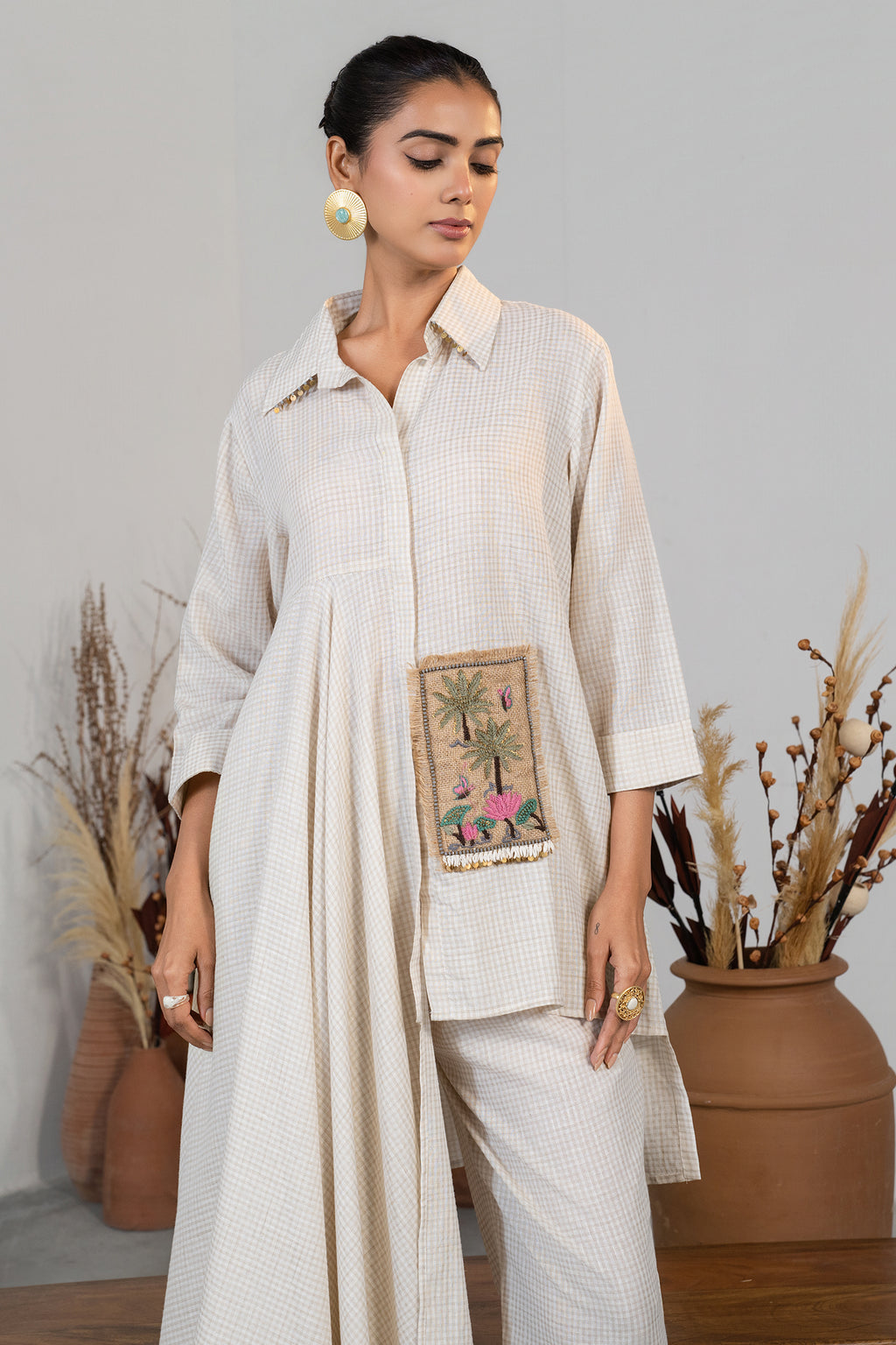 Ivory White Jute Lapel Collar Clyde Asymmetric Co-Ord Set