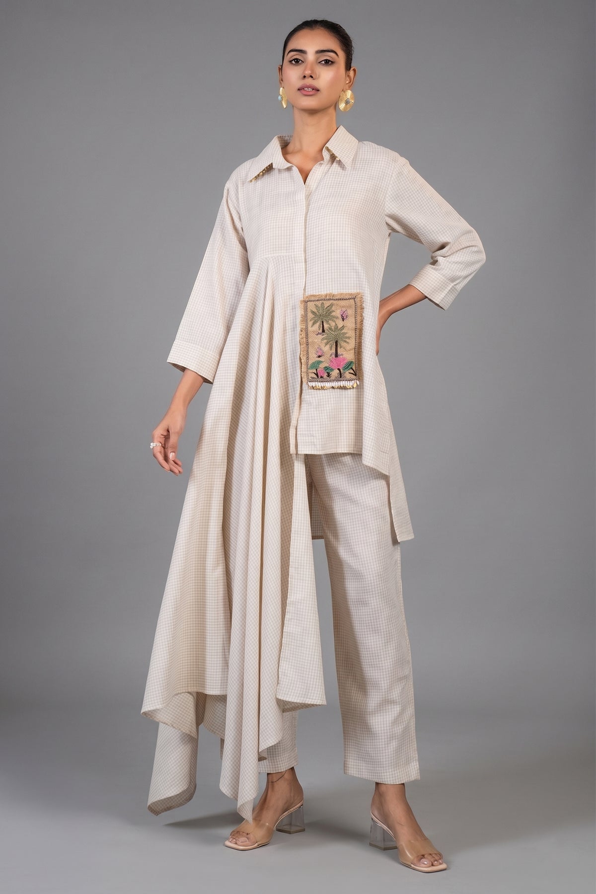Ivory White Jute Lapel Collar Clyde Asymmetric Co-Ord Set