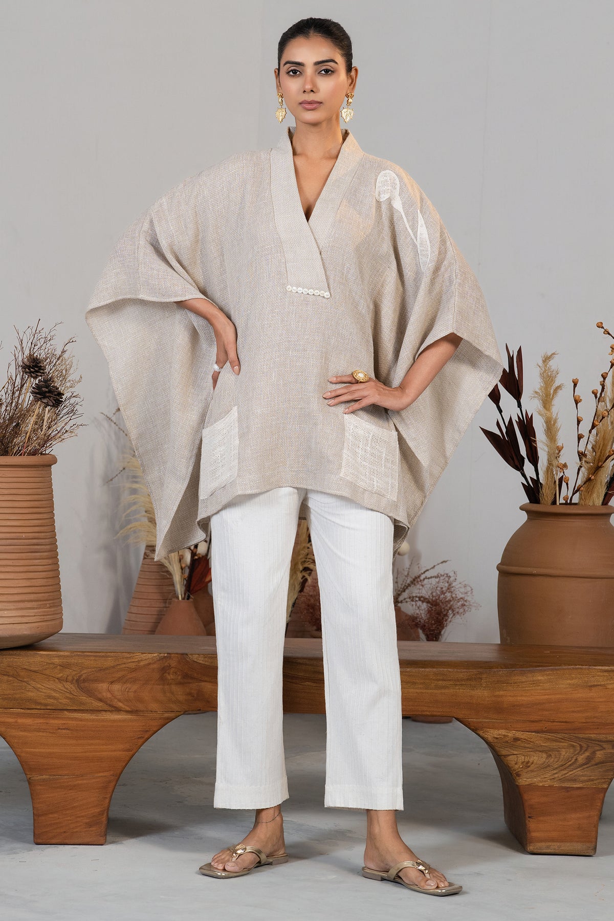 Ivory Jute Embroidered Kaftan Set