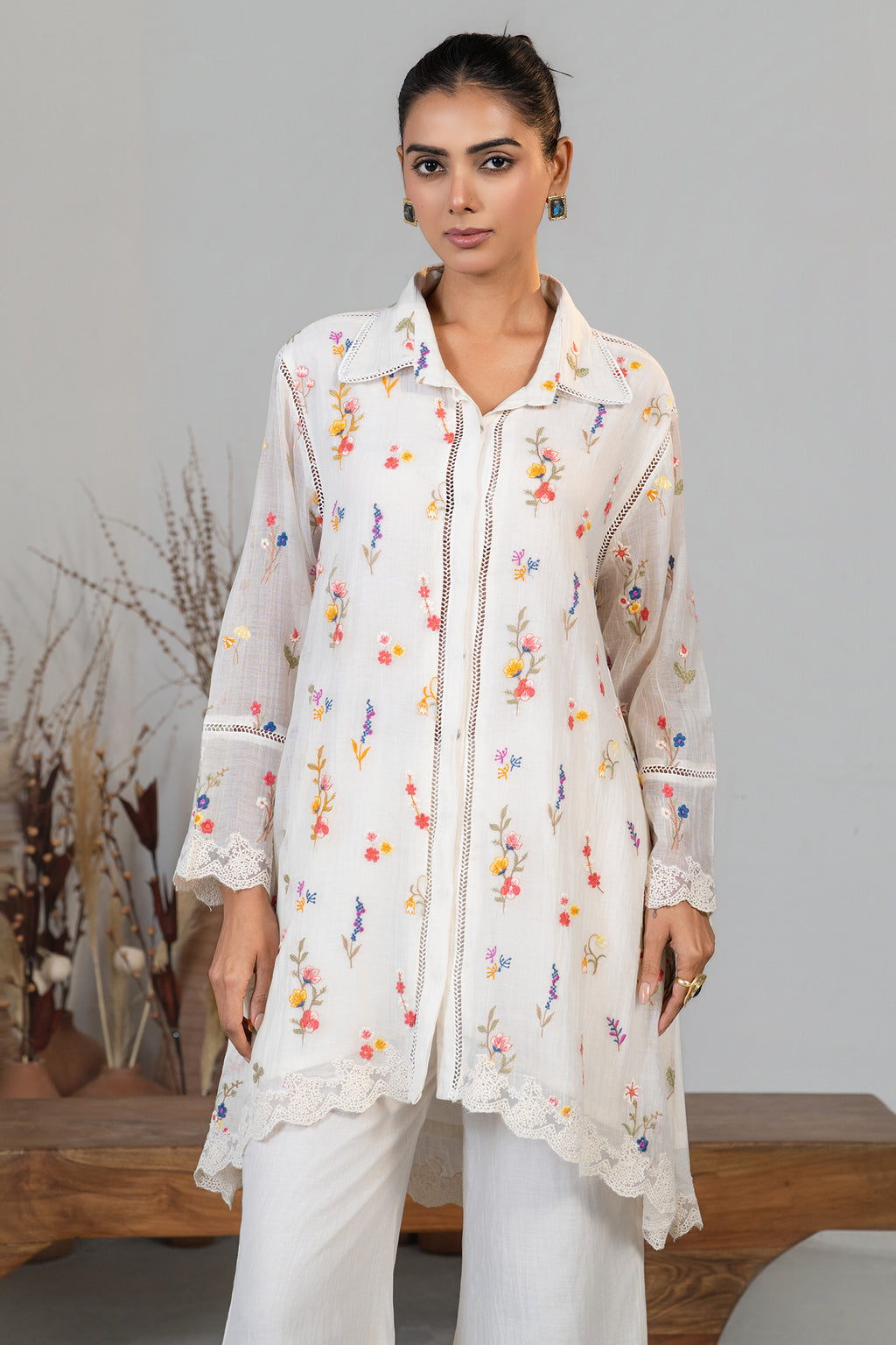 Ivory White Cotton Chanderi Thread Embroidered Co-Ord Set
