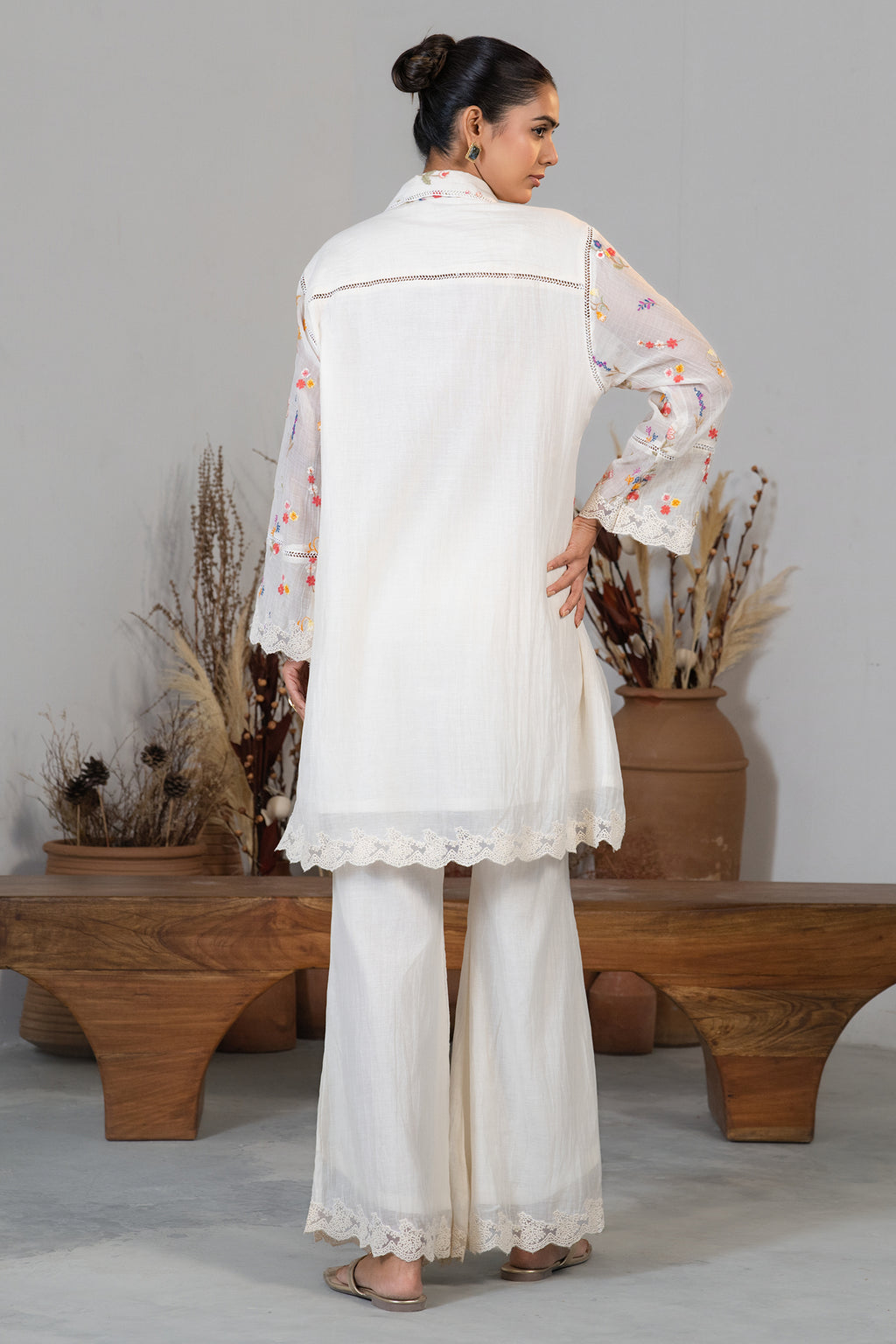 Ivory White Cotton Chanderi Thread Embroidered Co-Ord Set