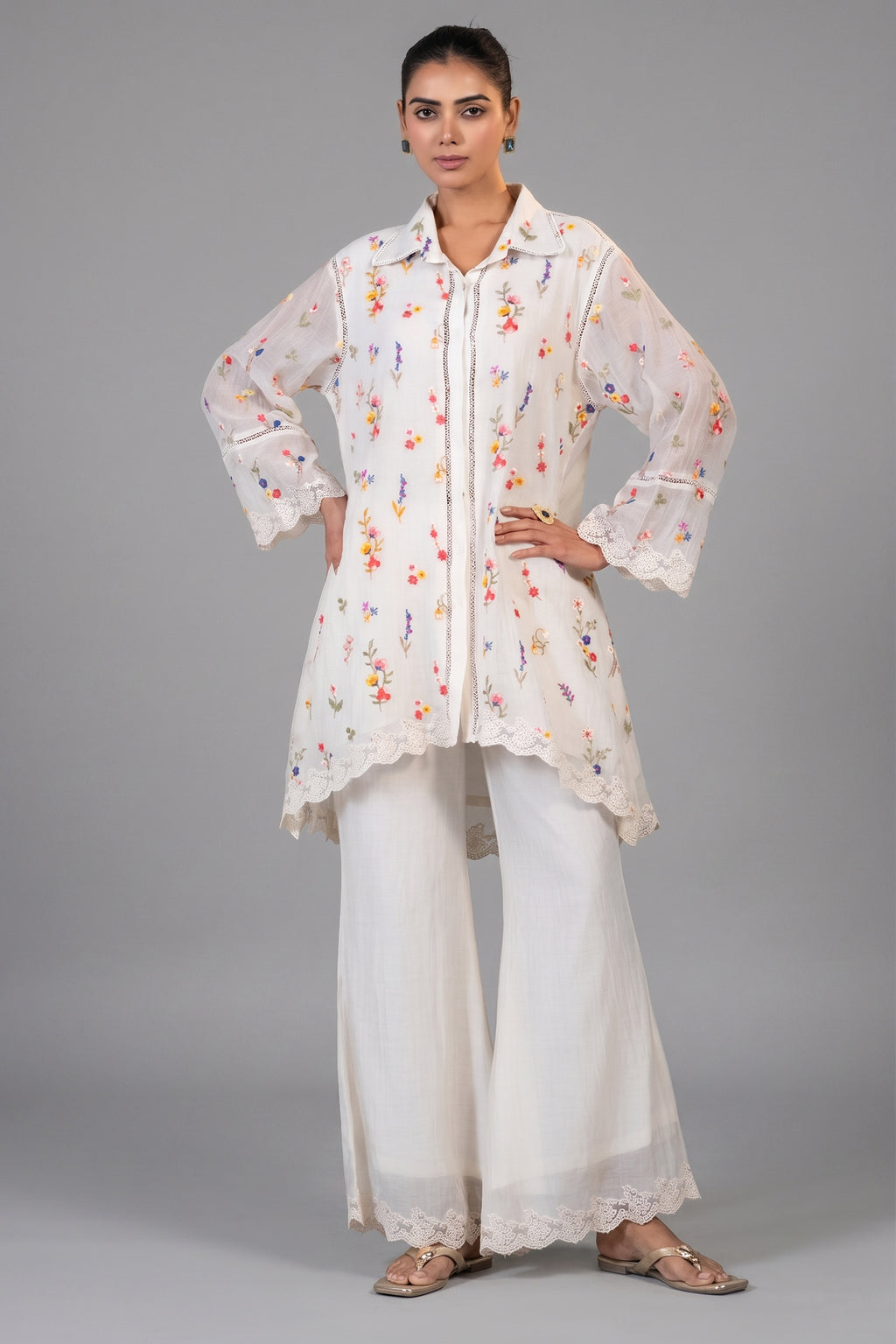 Ivory White Cotton Chanderi Thread Embroidered Co-Ord Set