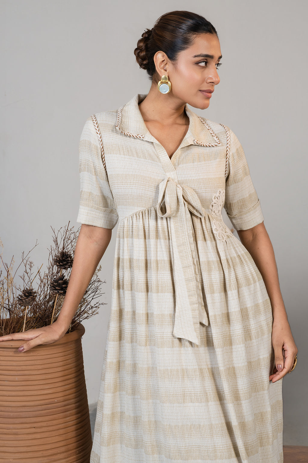 Ivory Jute Embroidered Tie Up Dress
