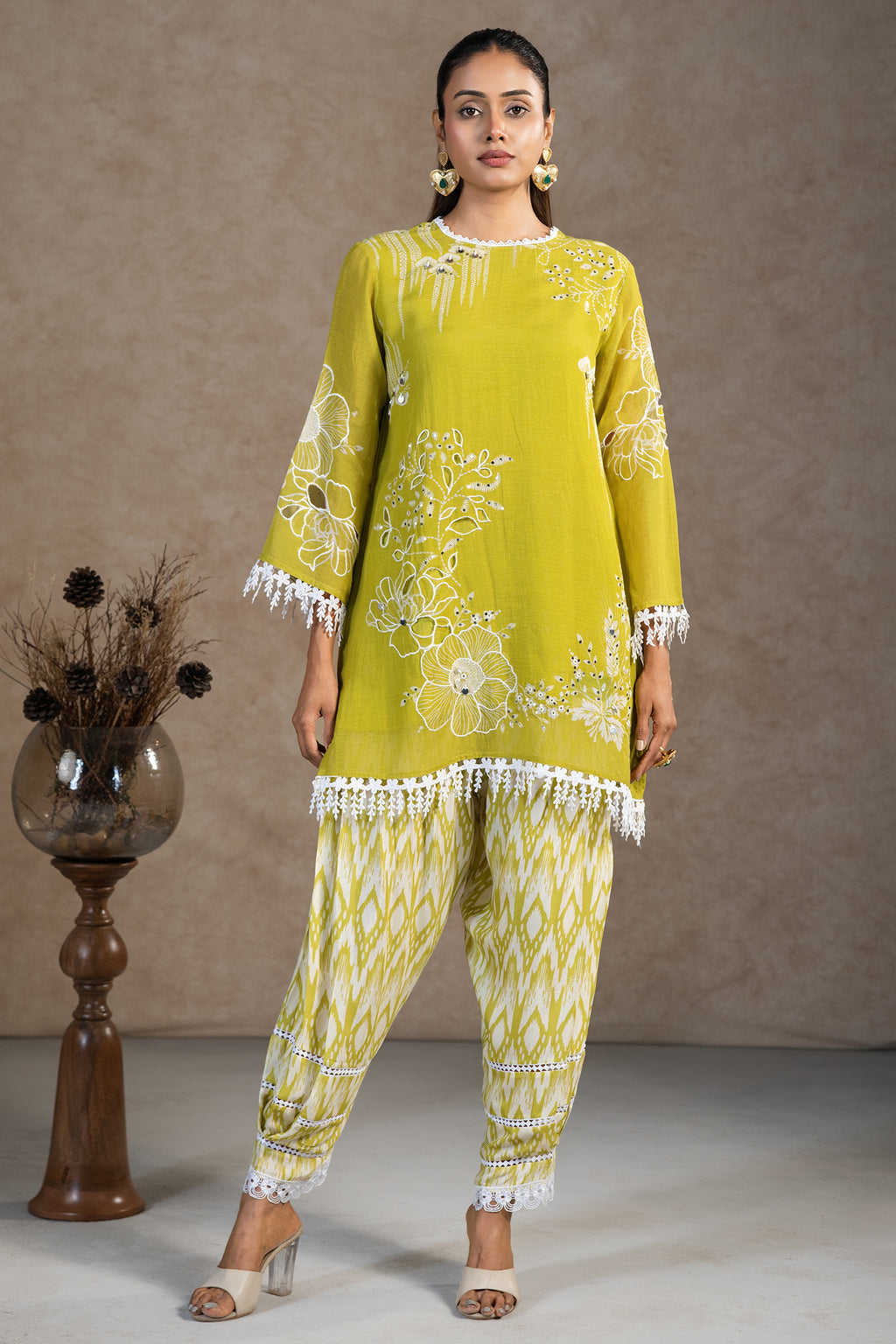 Olive Green Linen Floral Printed Co-Ord Set