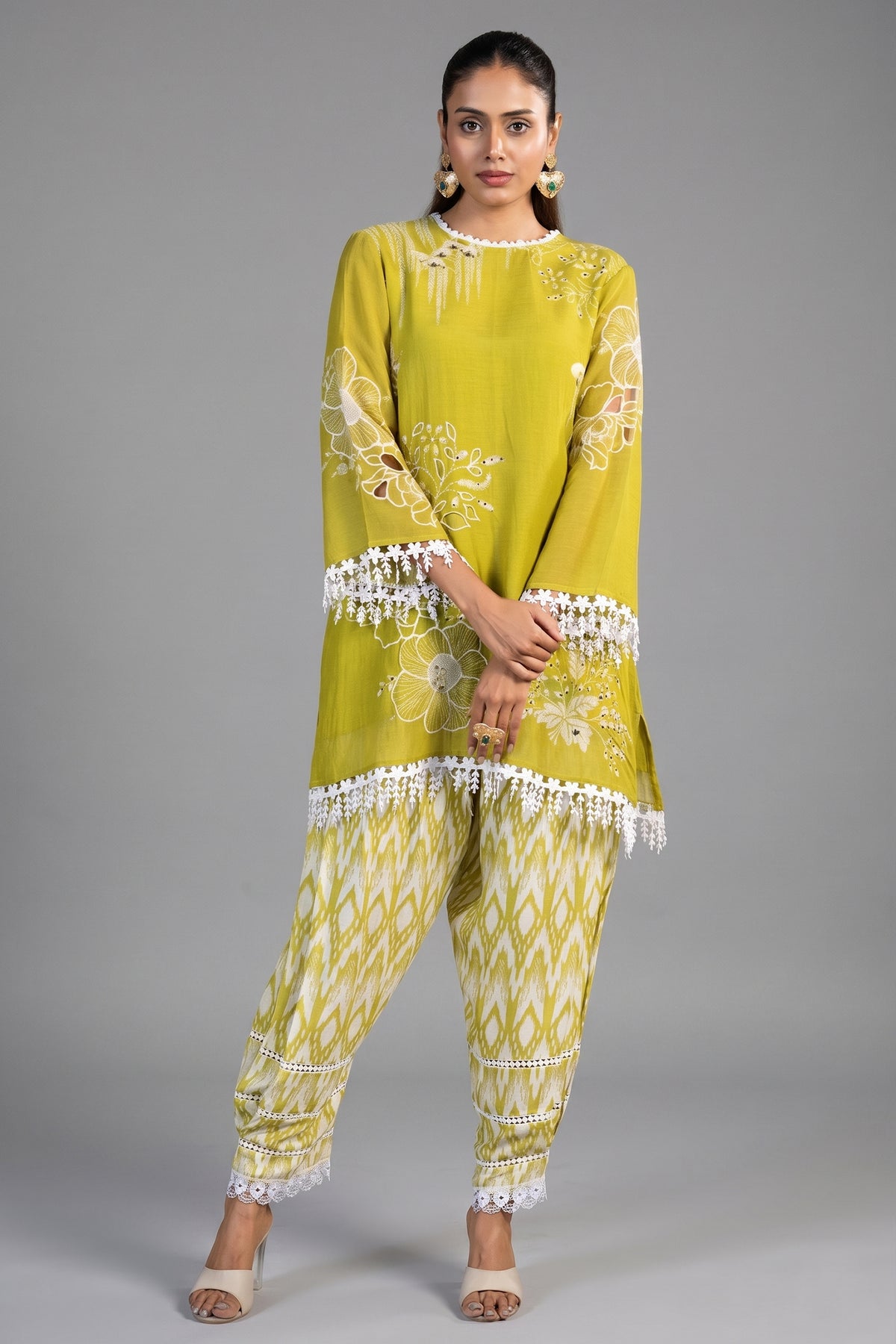 Olive Green Linen Floral Printed Co-Ord Set