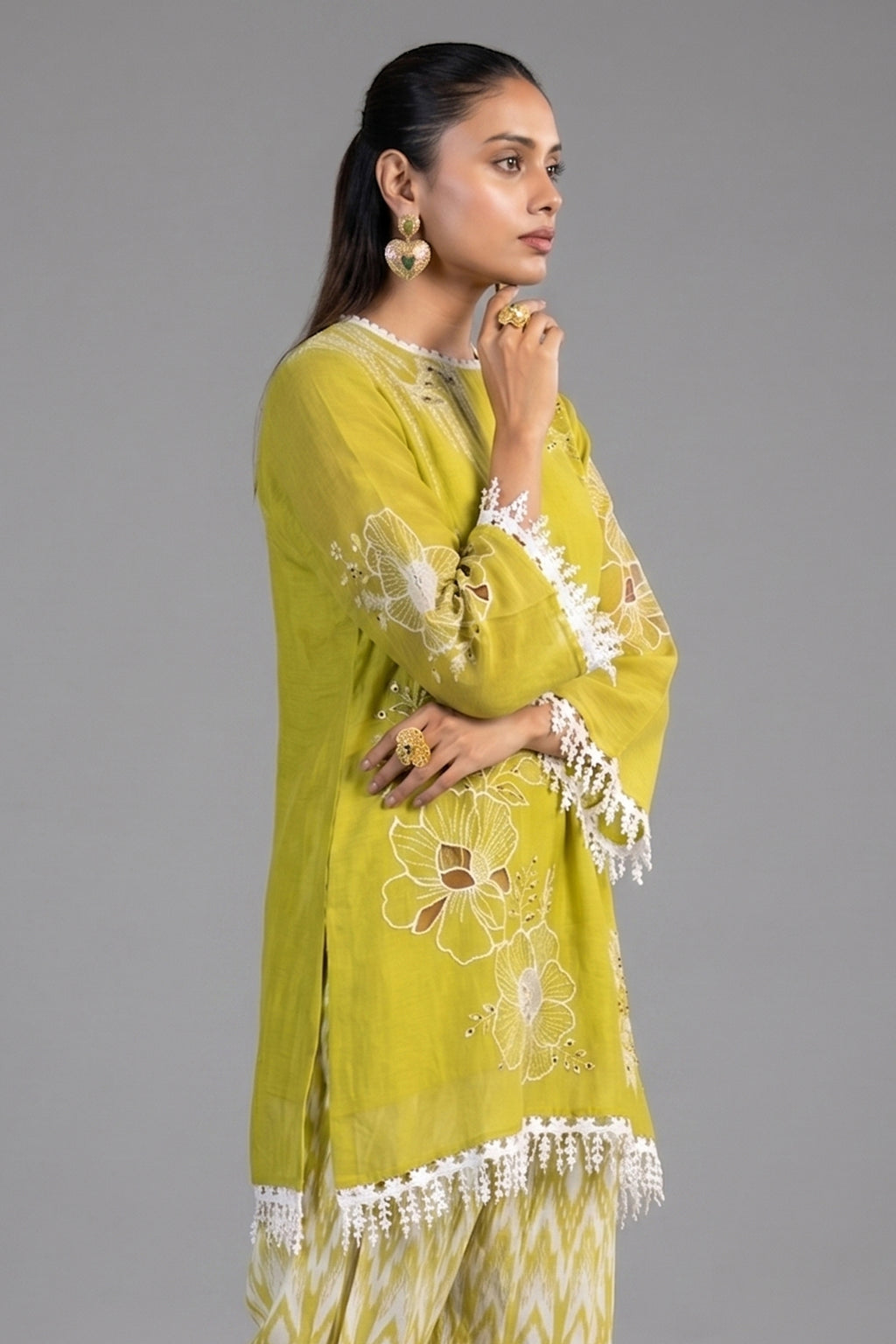 Olive Green Linen Floral Printed Co-Ord Set
