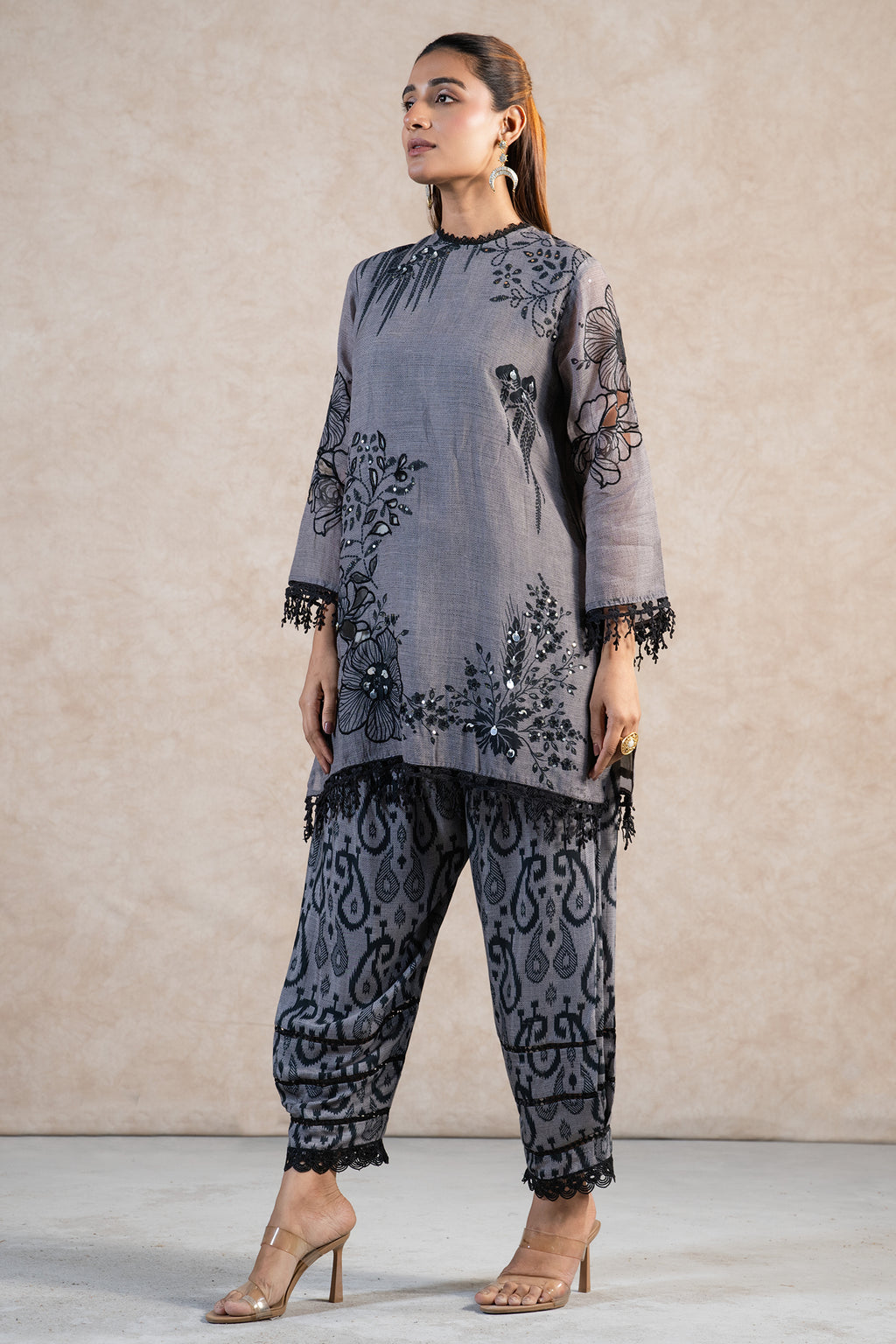 Grey Linen Floral Printed Co-Ord Set