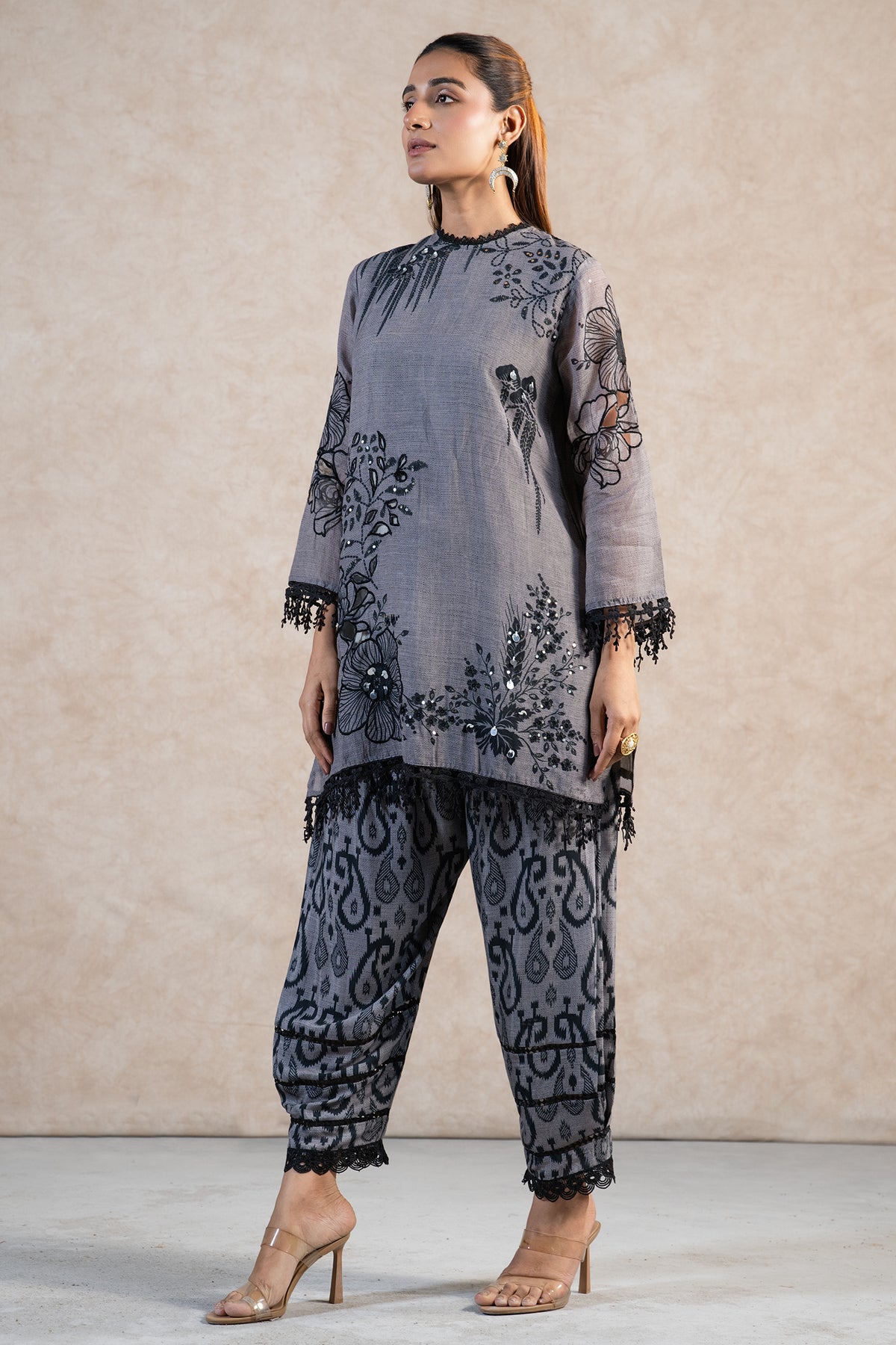 Grey Linen Floral Printed Co-Ord Set