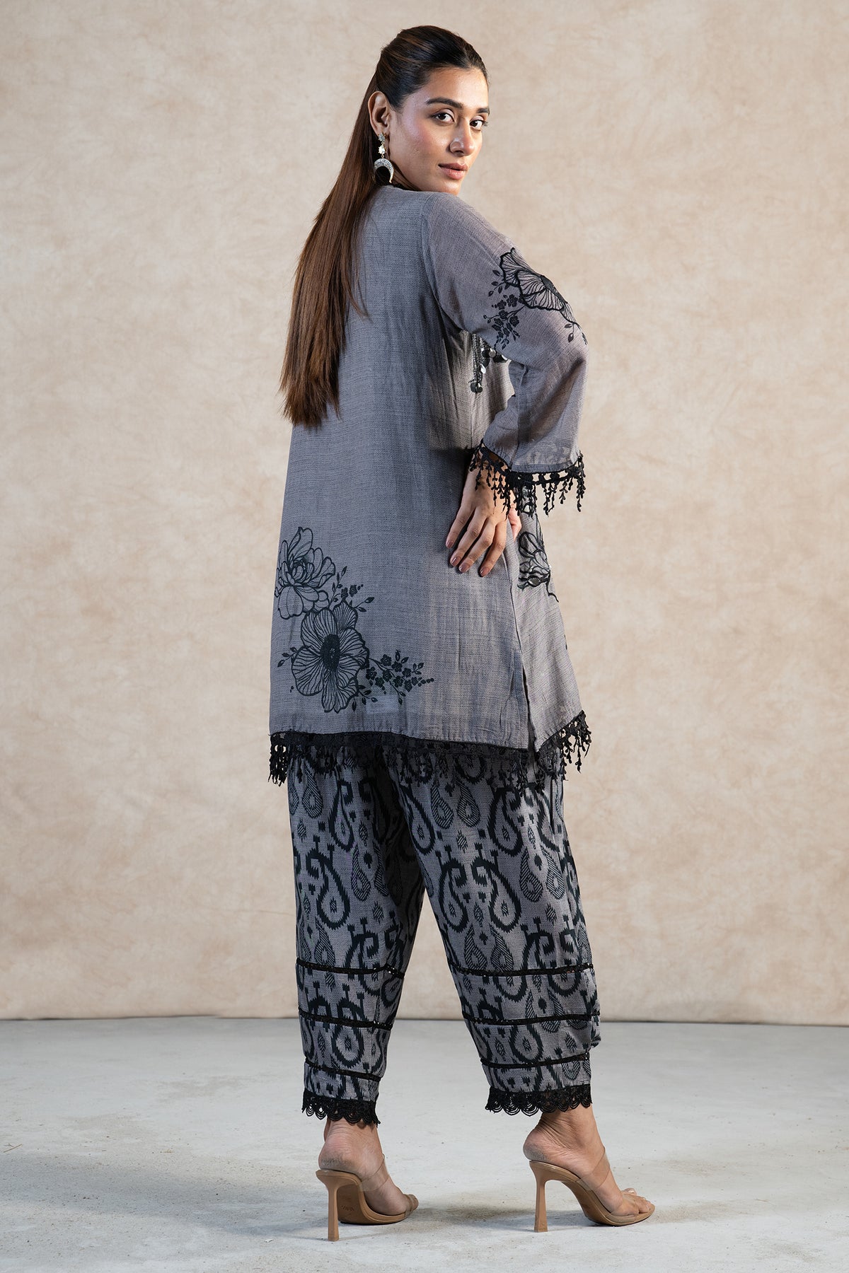Grey Linen Floral Printed Co-Ord Set