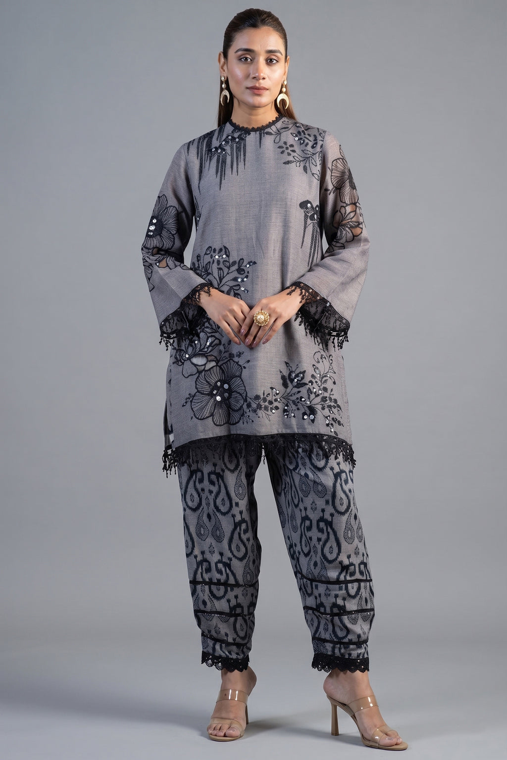 Grey Linen Floral Printed Co-Ord Set