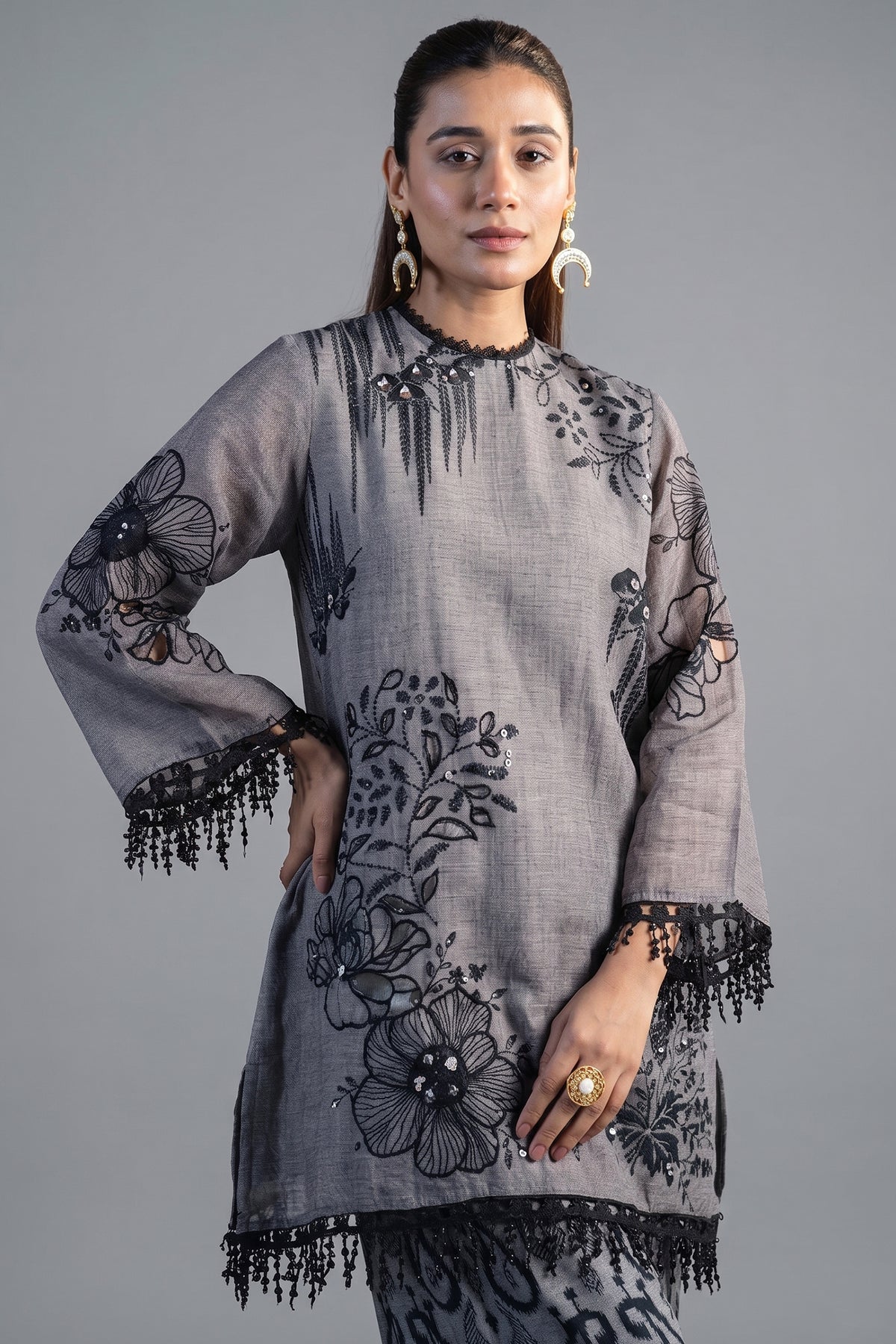 Grey Linen Floral Printed Co-Ord Set