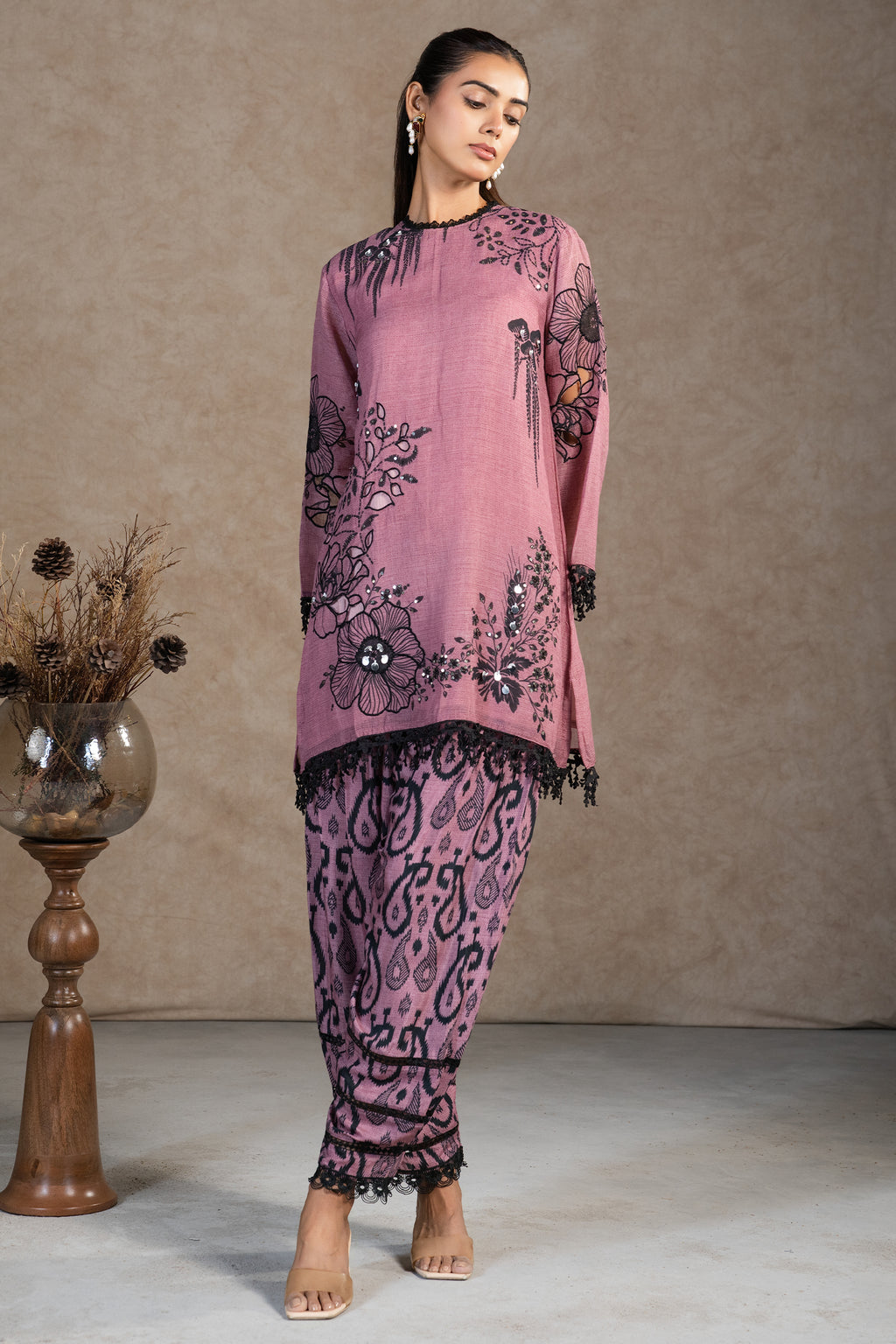 Dusty Pink Linen Floral Printed Co-Ord Set