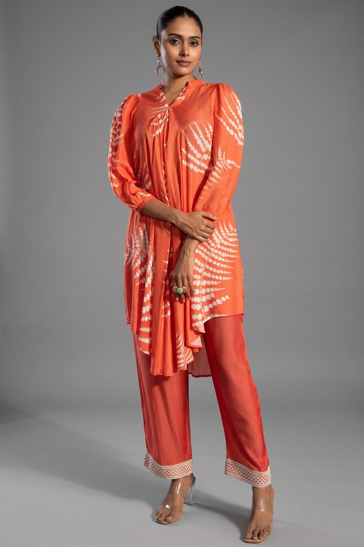 Orange Crepe Printed Kurti with Pant