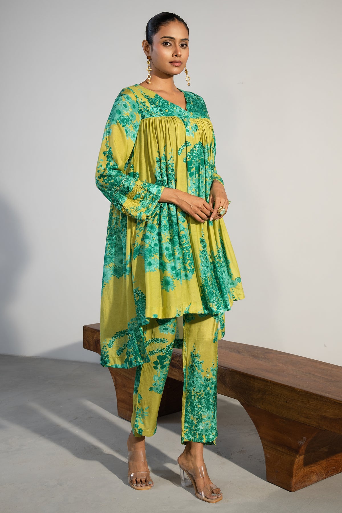 Lime Green Muslin Silk Floral Printed Co-Ord Set