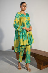 Lime Green Muslin Silk Floral Printed Co-Ord Set