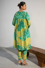 Lime Green Muslin Silk Floral Printed Co-Ord Set