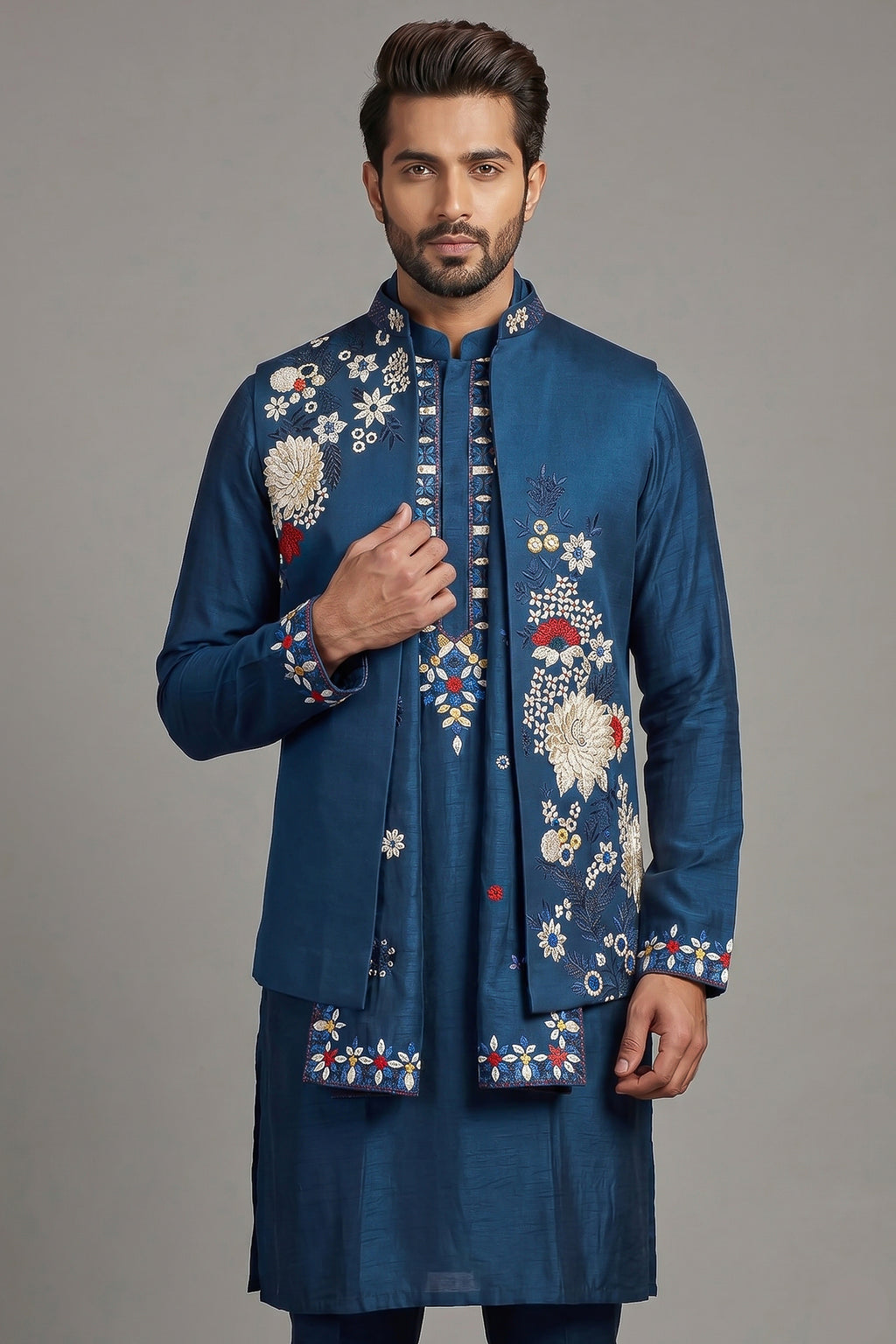Blue Jodhpuri Kurta Set in Silk with Multi Colored Embroidery and Beads Work Jacket