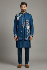 Blue Jodhpuri Kurta Set in Silk with Multi Colored Embroidery and Beads Work Jacket